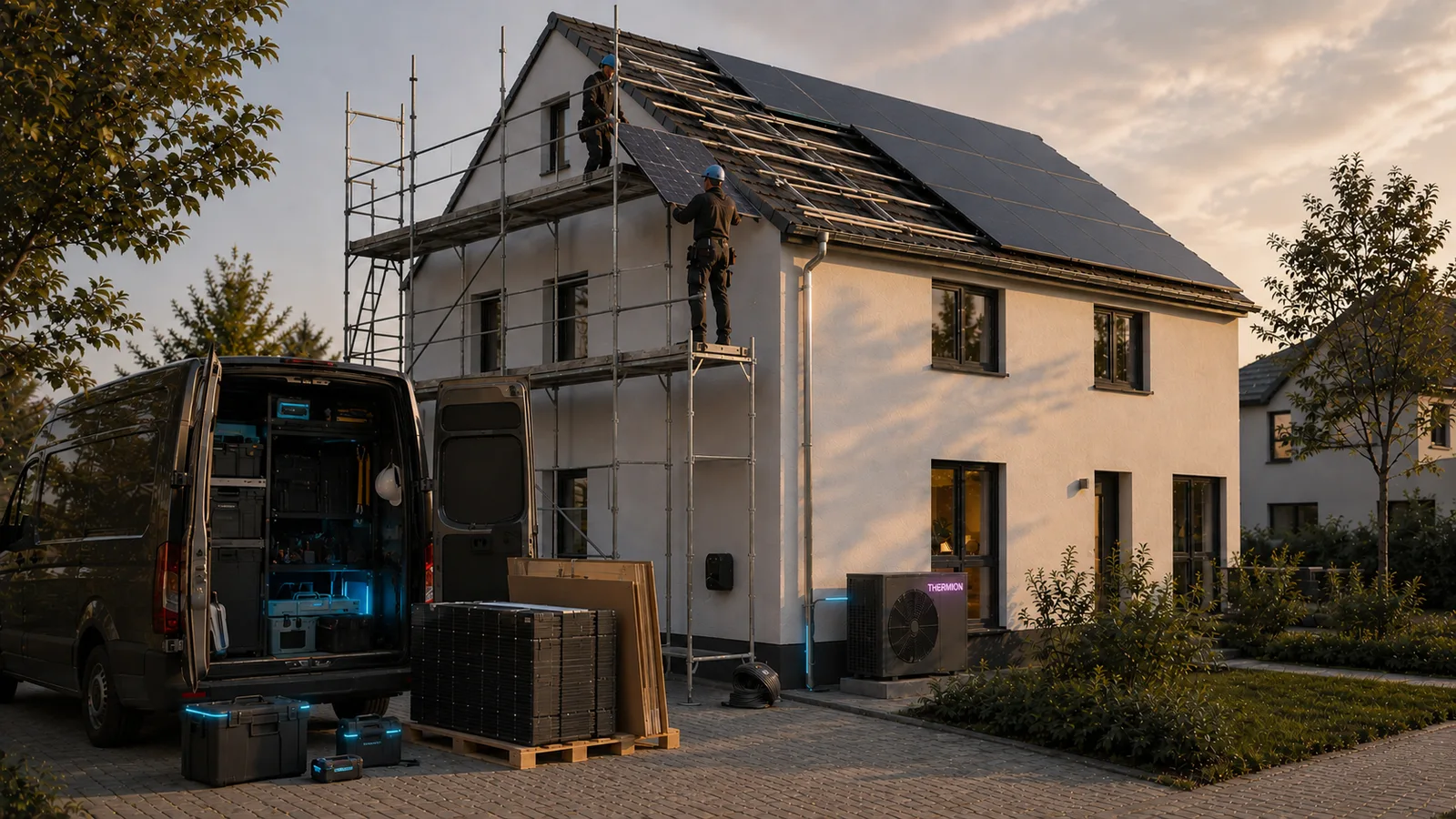 Two installers mounting photovoltaic modules on the roof of a family home, with a van and a pallet of modules in front