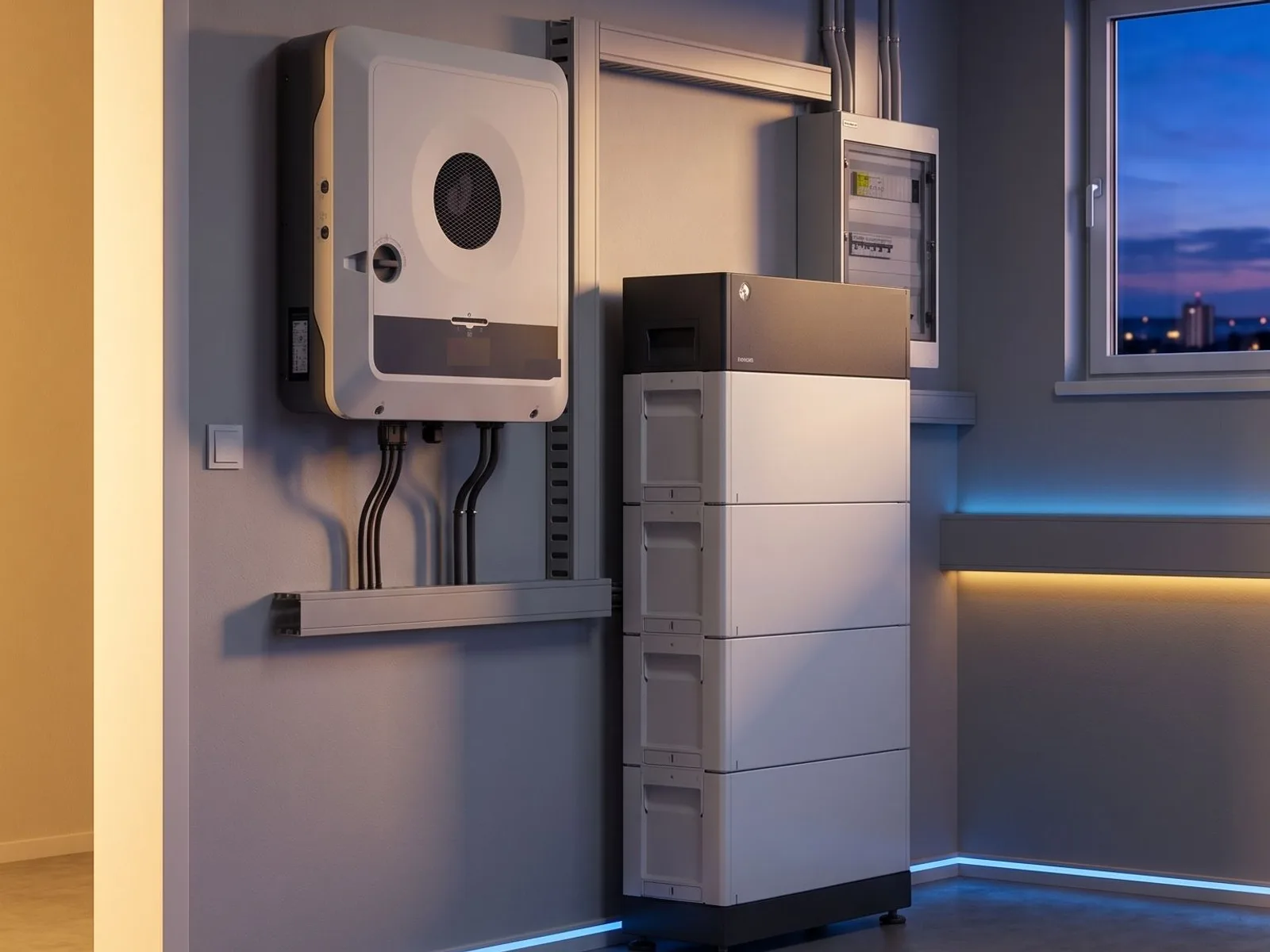 Batteriespeicher und Wechselrichter an der Wand eines Hausanschlussraums