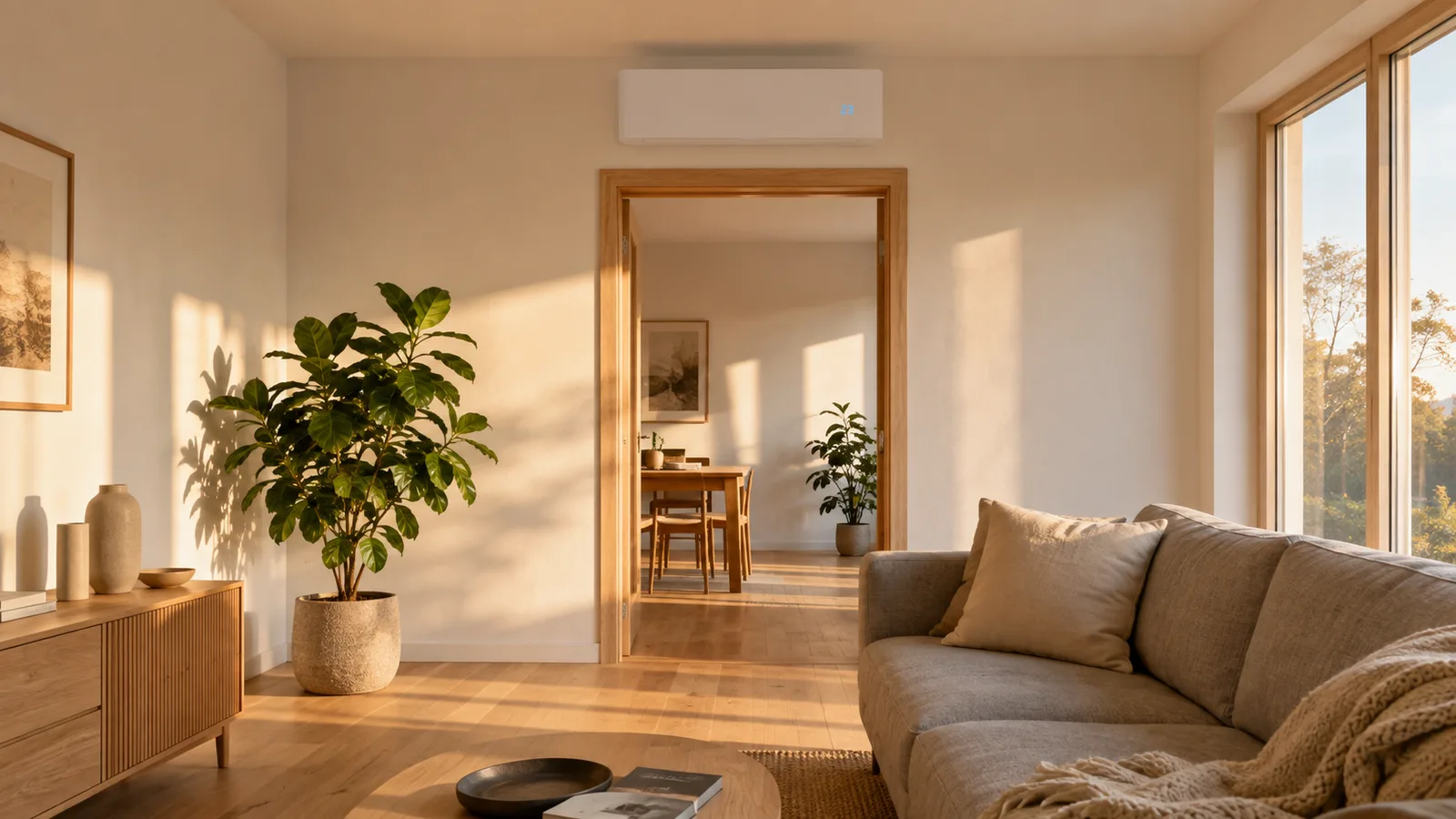 Air conditioning indoor unit above the door of a bright living room