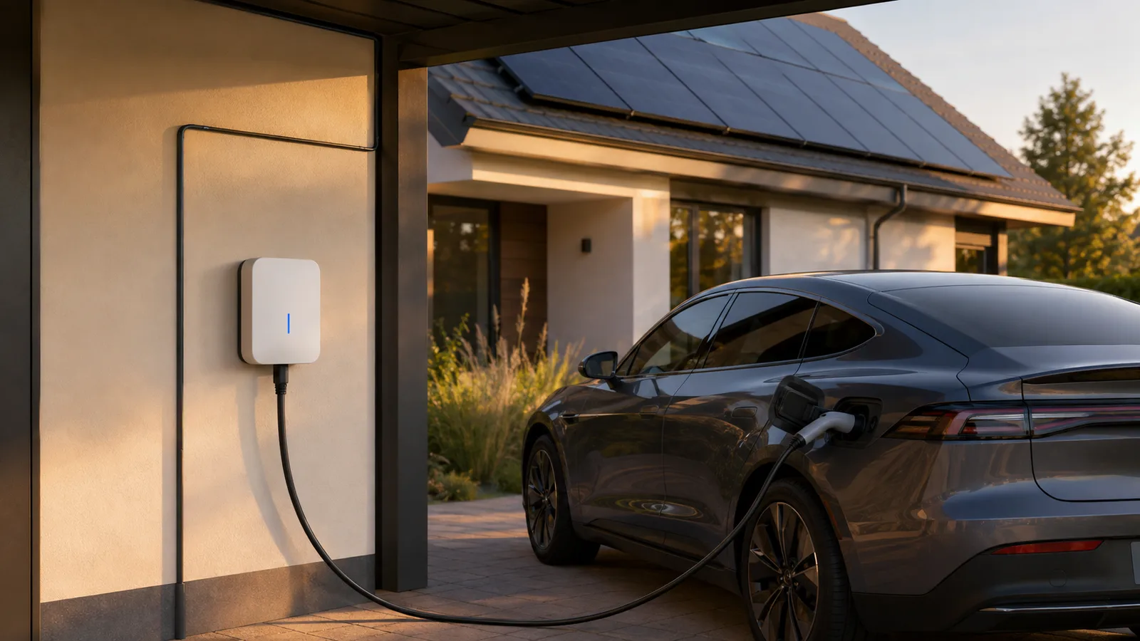 Elektroauto lädt an einer Wallbox im Carport, dahinter ein Haus mit Photovoltaik