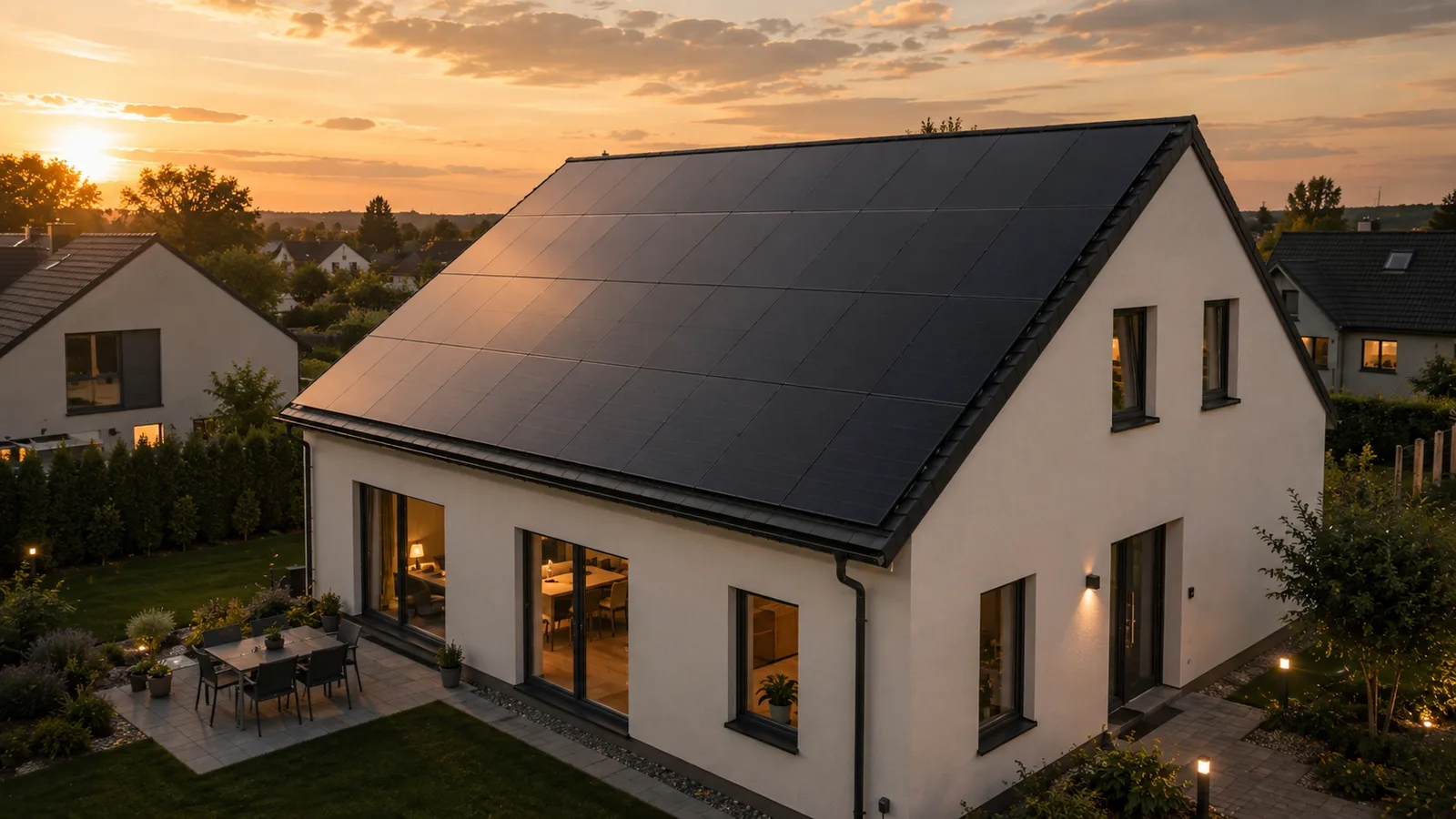 Einfamilienhaus mit vollflächiger Photovoltaikanlage auf dem Satteldach im Abendlicht