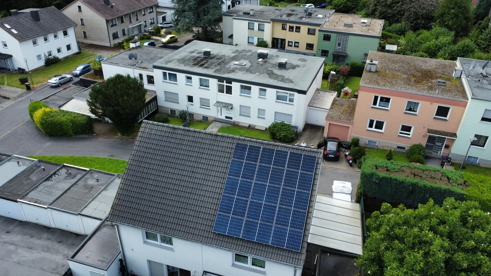 Photovoltaics on a terraced house in a residential area